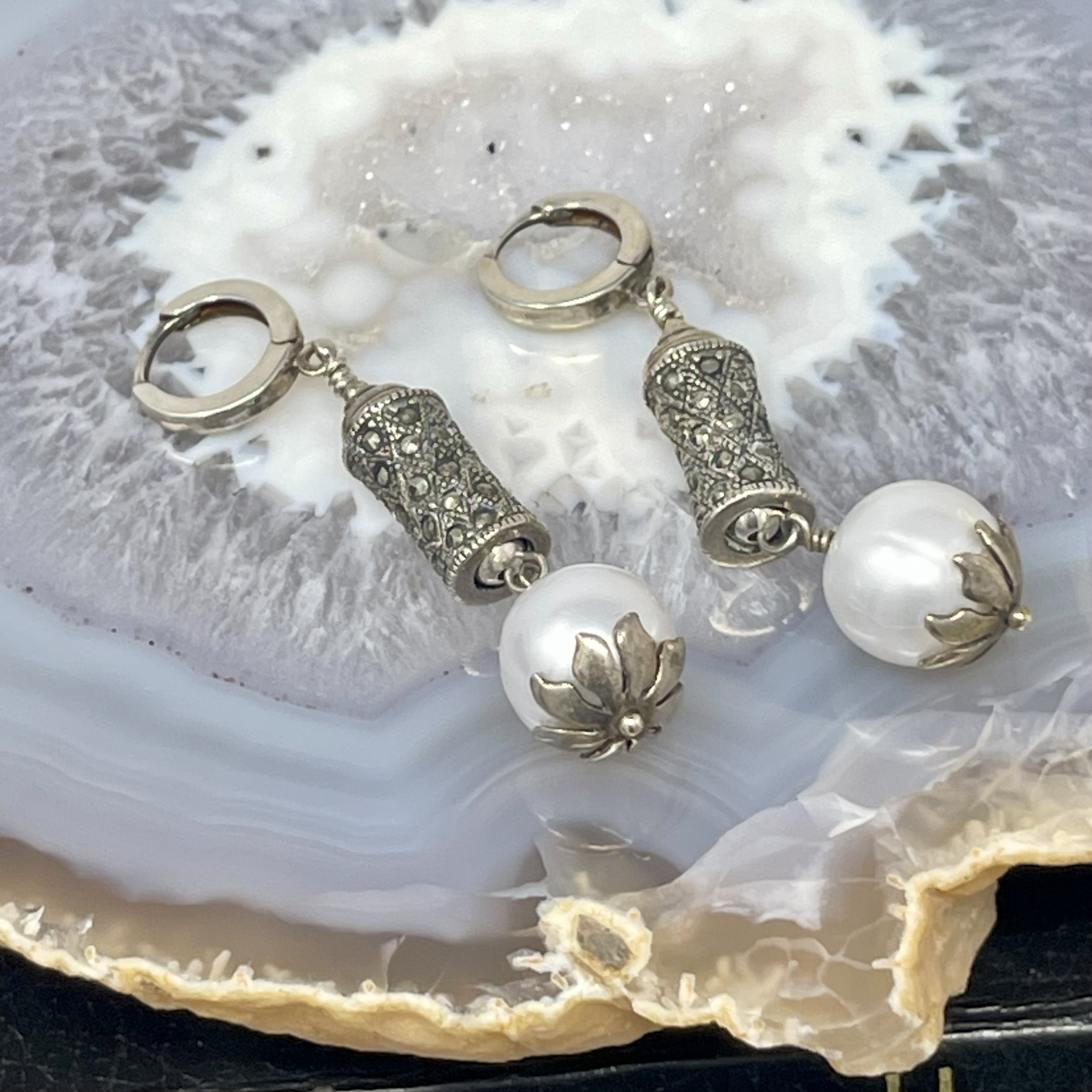 Pearl Marcasite Sterling Hoop Earrings