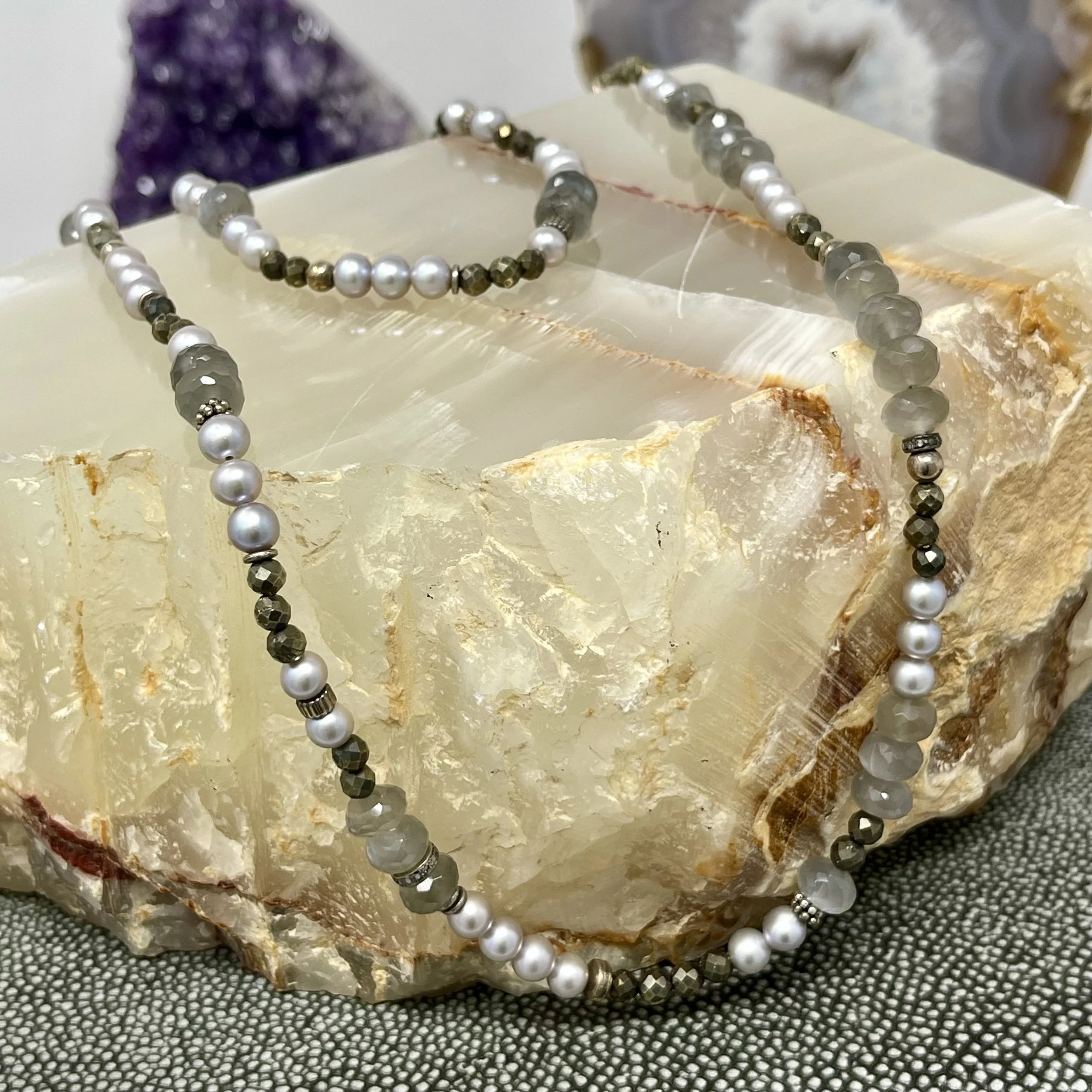 Moonstone Pearl Pyrite Long Necklace