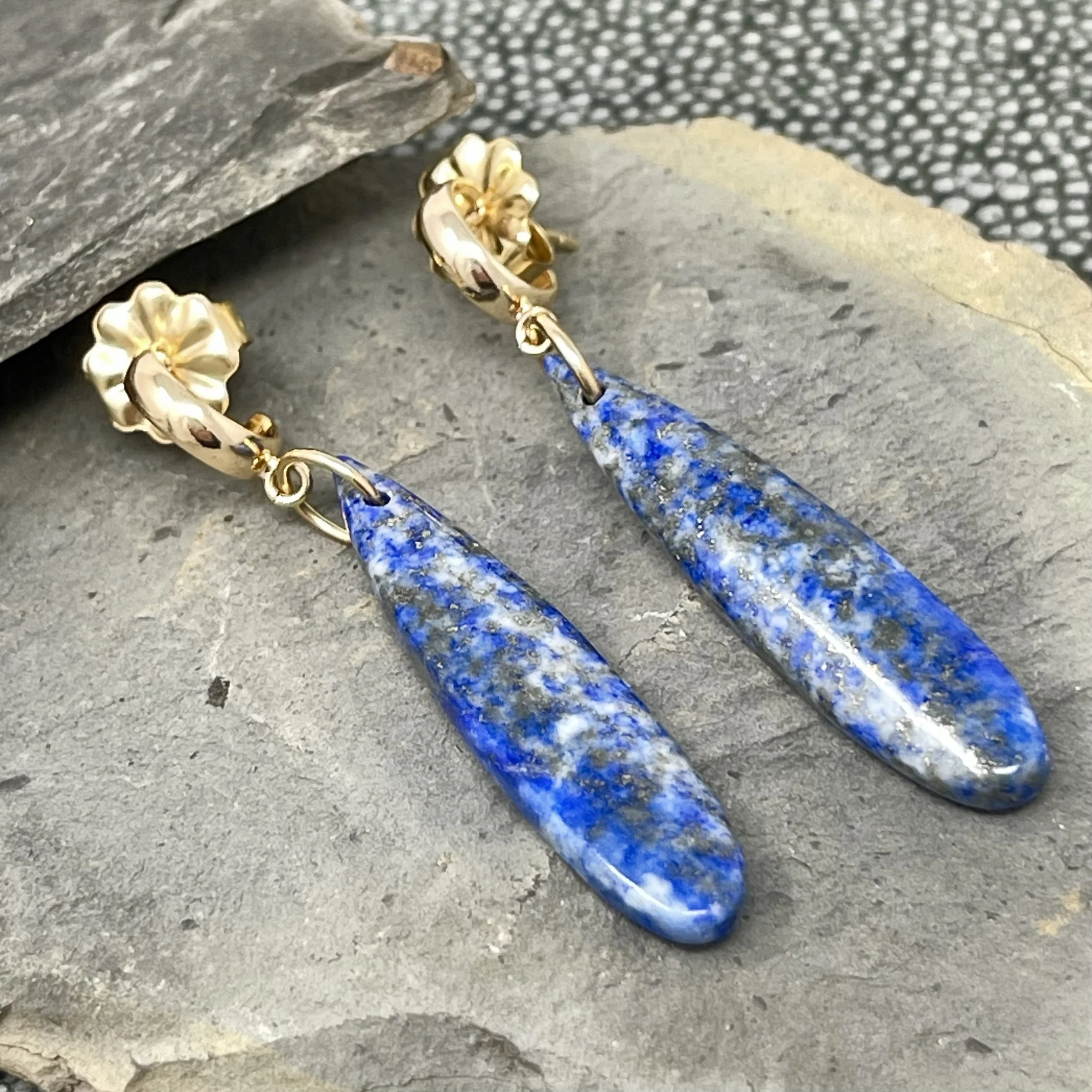 Denim Lapis Drop Gold Earrings