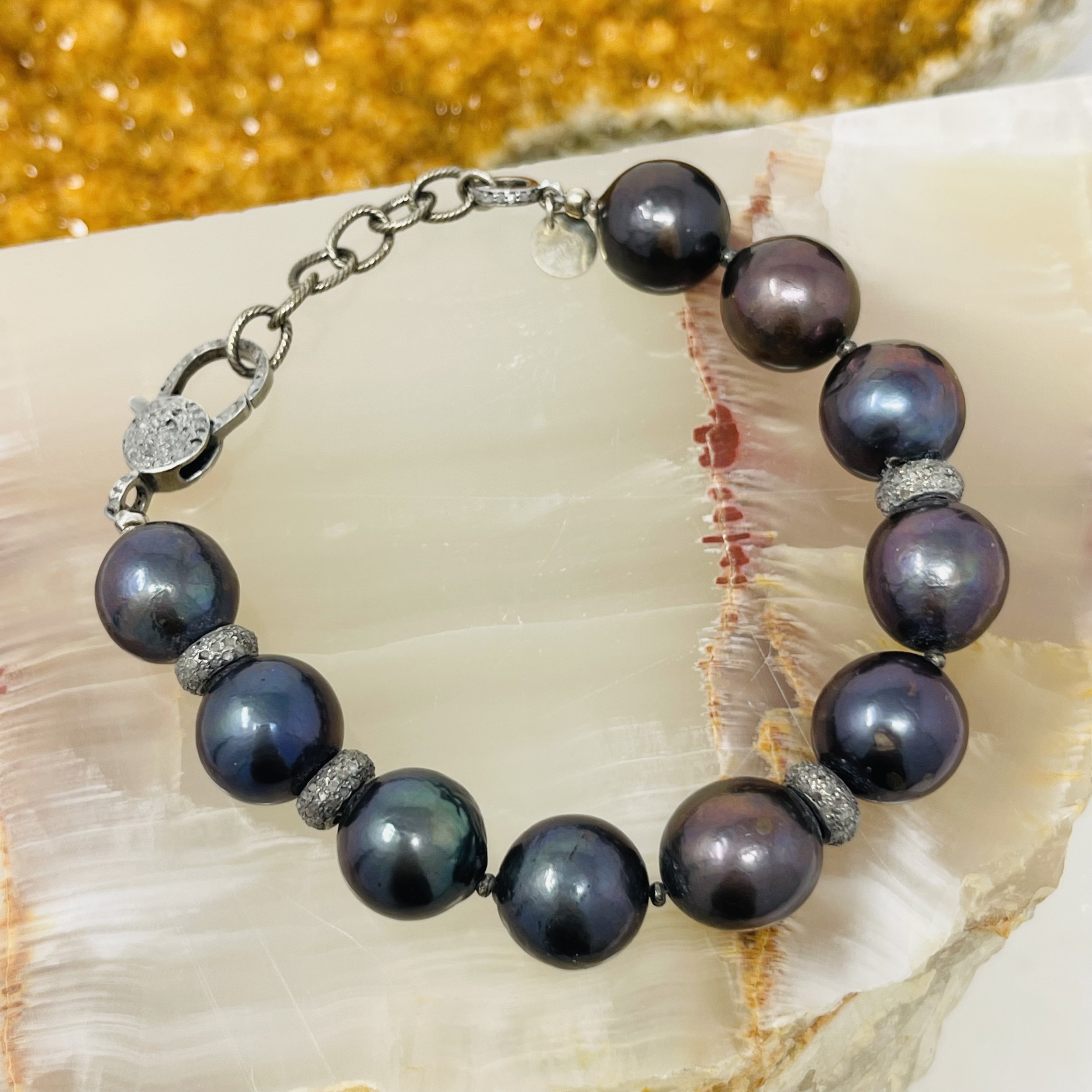 Bold Peacock Pearl Pave Diamond Bracelet