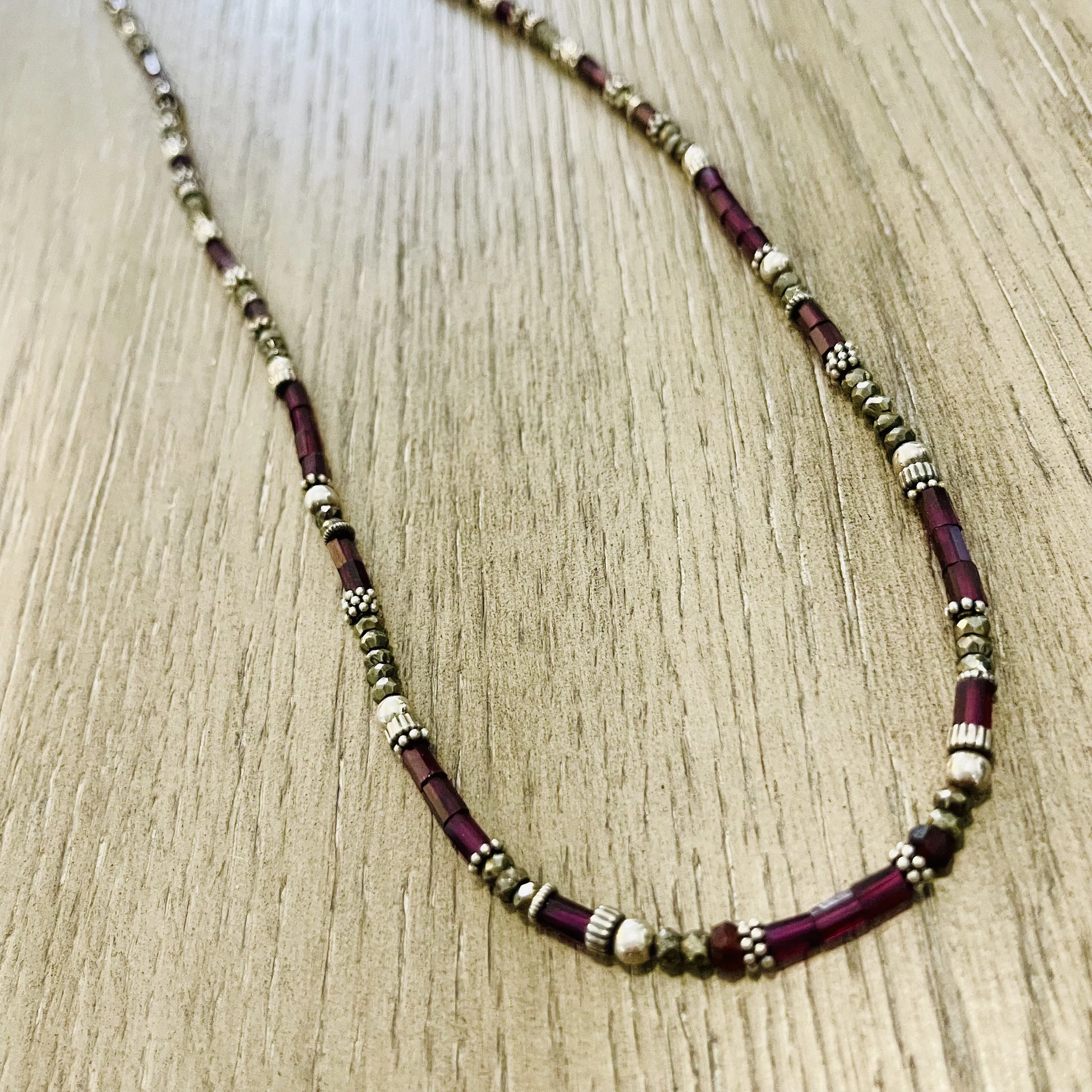 Garnet Tube Bead Sterling Silver Long Necklace