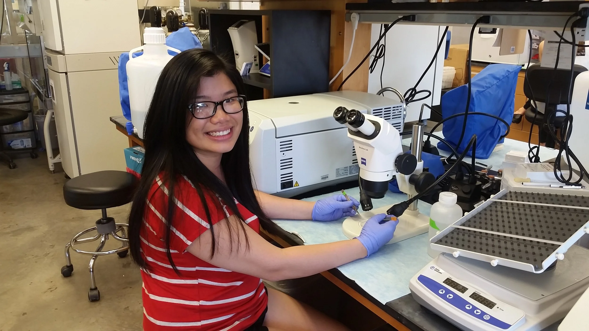 Katie at the dissecting scope