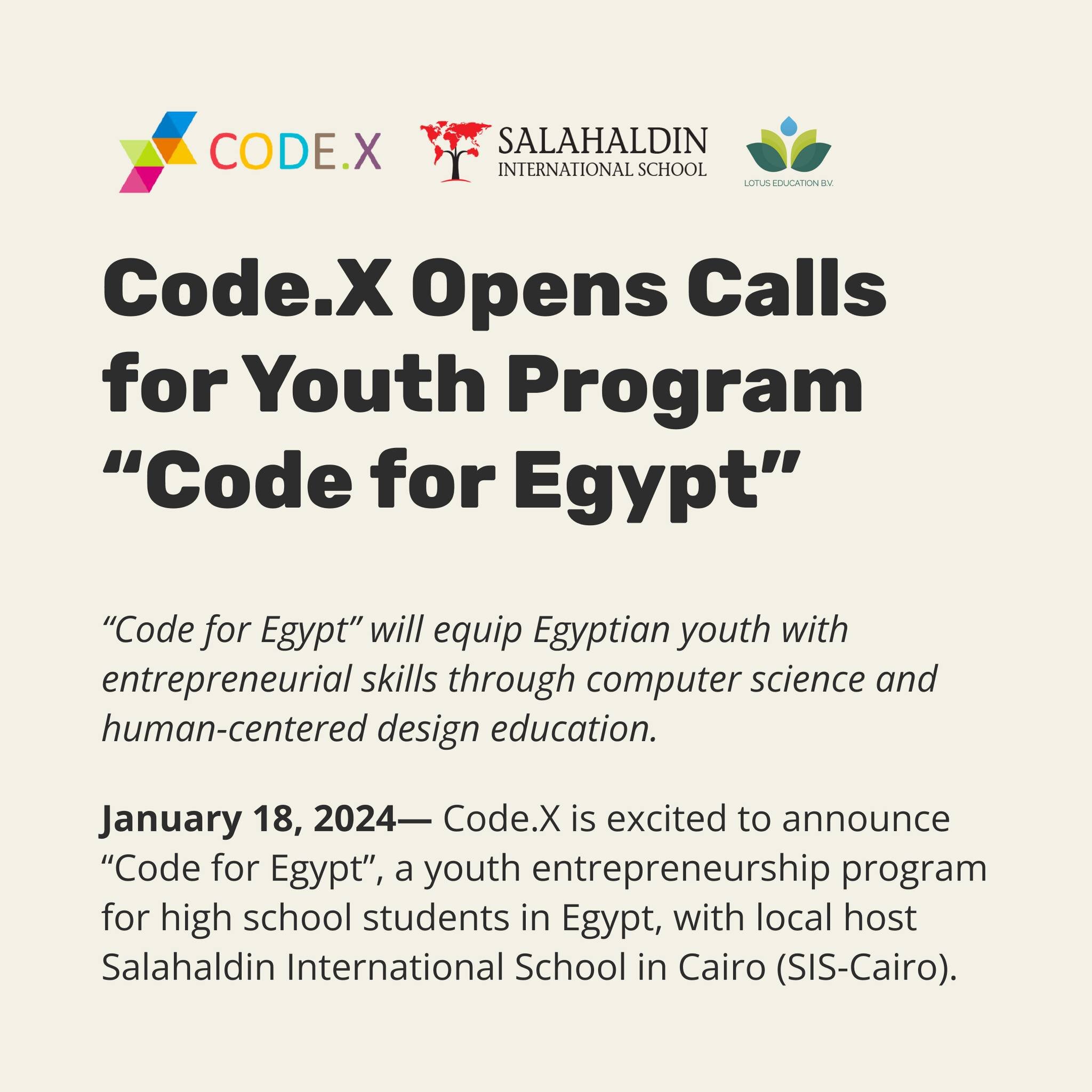 🚀 Exciting News! Code.X and Lotus Education are teaming up for 'Code for Egypt' with local host @siscairo &mdash;an extraordinary 24-month coding and entrepreneurship program for ninth graders! 💻 Ignite your potential with computer science and huma