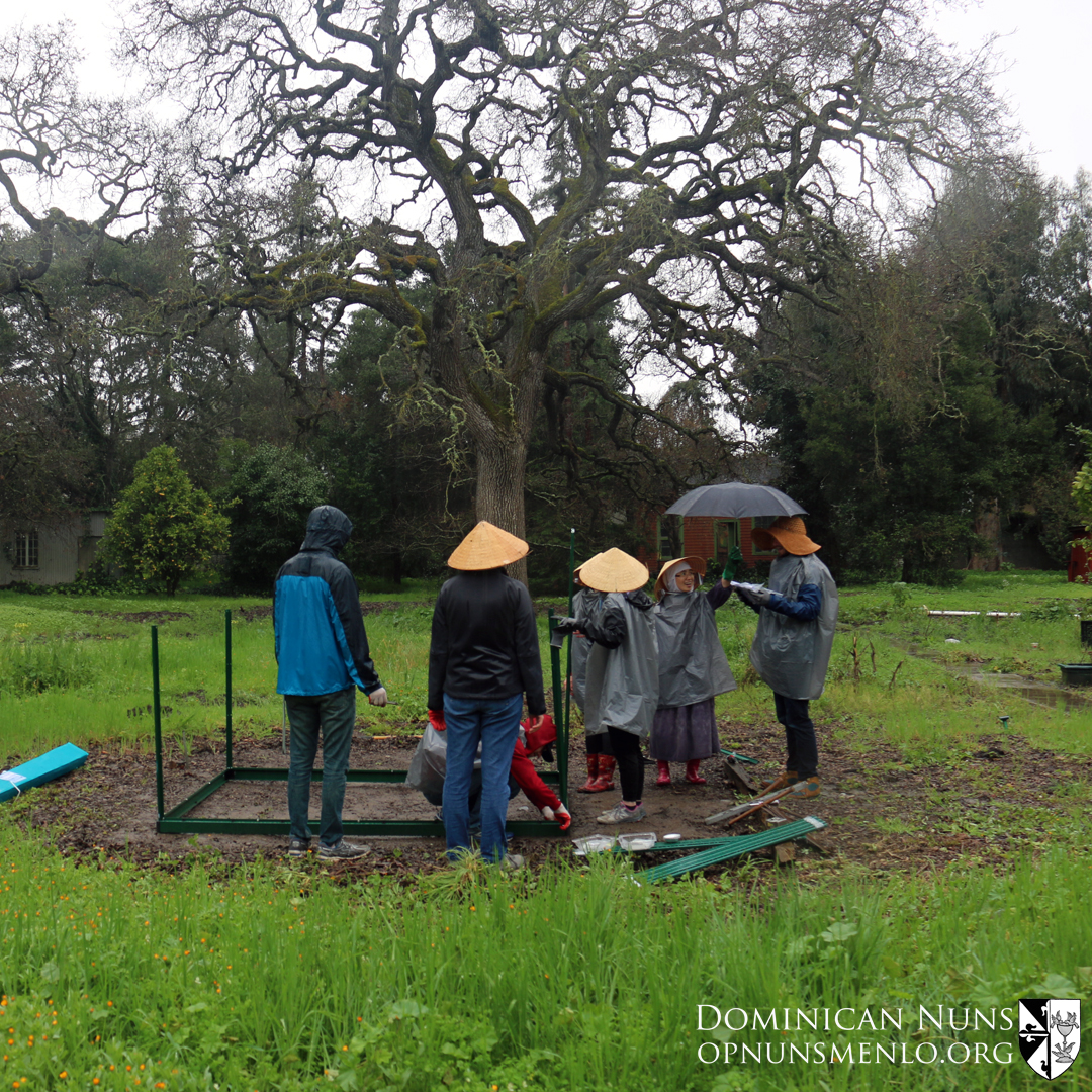  The greenhouse team.  Sister is holding the umbrella not so much for our volunteers as for the instruction book!  The rain was causing the pages to stick together and disintegrate when they tried to turn them! 