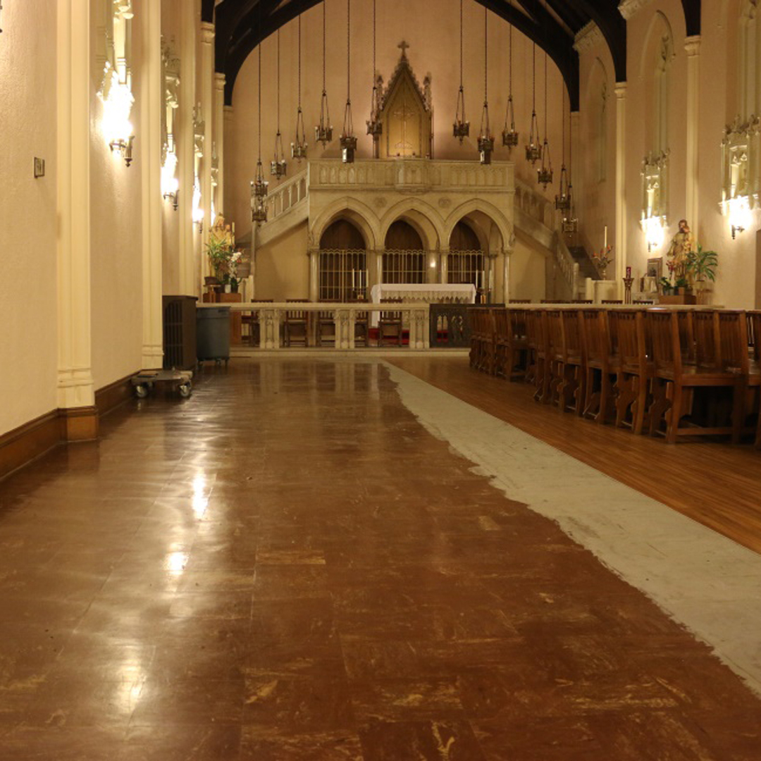 Installation of the new flooring! Here you can see the last of the old tile flooring.