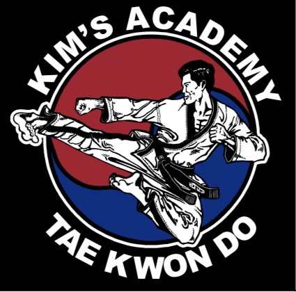 Logo for Kim's Academy Tae Kwon Do featuring a martial artist executing a high kick with a belt, against a circle divided into red and blue halves.