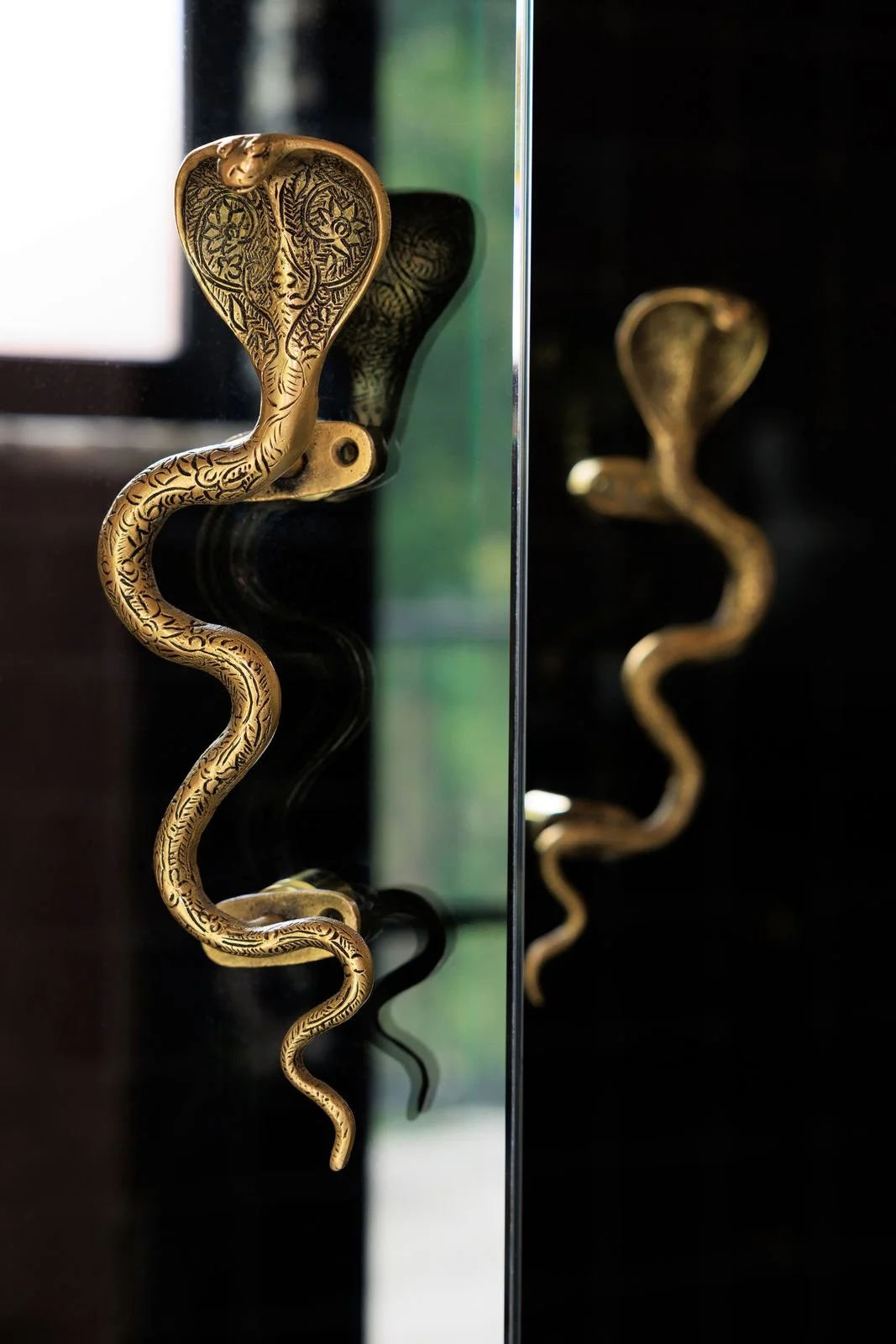 Close-up of a gold snake-shaped door handle mounted on a black door, with reflection in a mirror.
