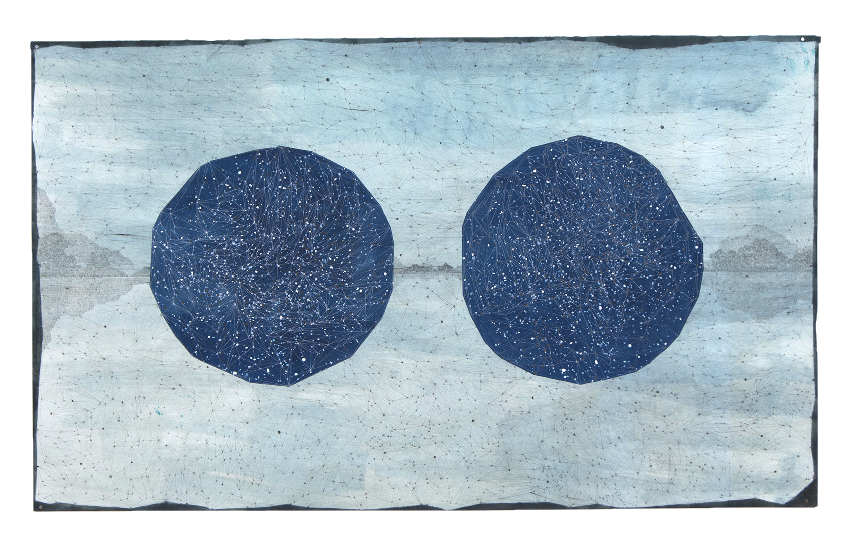 Hekla and Katla: Two Orbs, 2013, 38" x 60", mixed media on paper