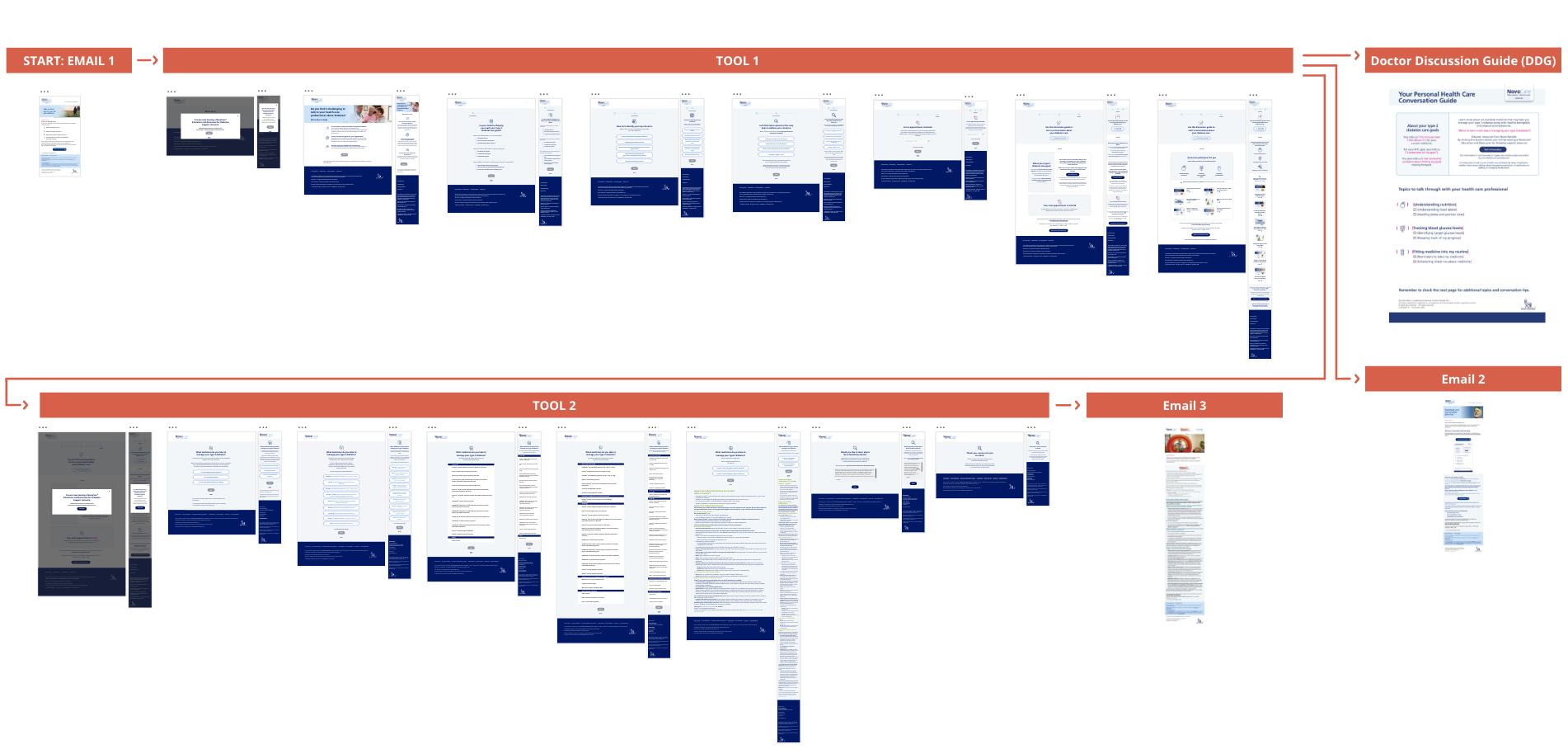 Above is a simplified map representing the user experience (UX) of the program. The patient enters the experience through an email sent to the targeted audience. Through that email the patient will enter tool 1, where they explore how they’re doing
