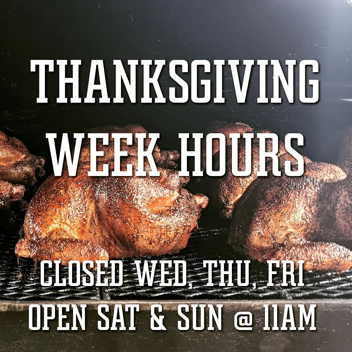 THANKSGIVING WEEK HOLIDAY HOURS
👇🏻👇🏻👇🏻
Wednesday= PRE-ORDER PICKUPS ONLY 10AM &ndash; 2PM [DINING ROOM CLOSED]
&bull;&bull;&bull;&bull;&bull;
Thanksgiving= CLOSED
&bull;&bull;&bull;&bull;&bull;
Friday= CLOSED
&bull;&bull;&bull;&bull;&bull;
Satu