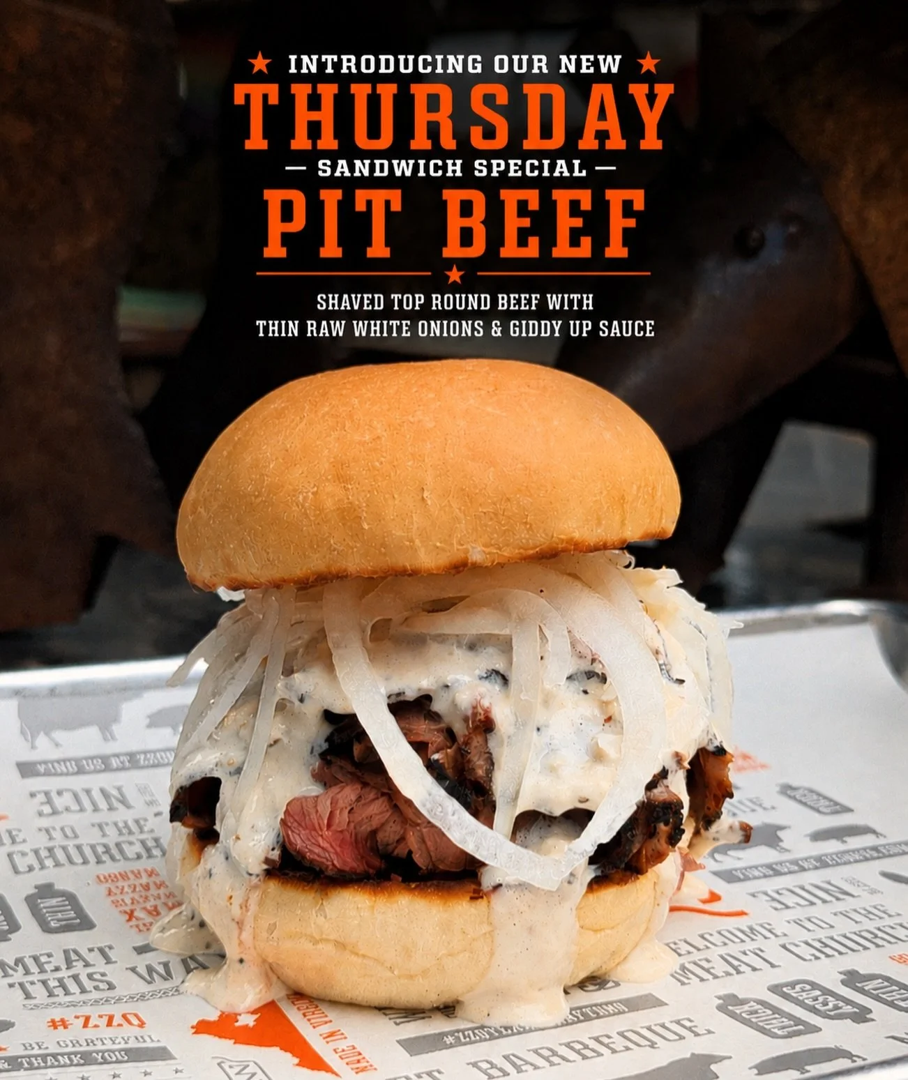 Introducing your new Thursday sandwich special: PIT BEEF. 🔥

Thinly shaved smoked top round, piled high, topped with thinly sliced raw white onions and finished with our house Giddy Up sauce on a toasted bun.

Simple. Smoky. Beefy. And messy in all 