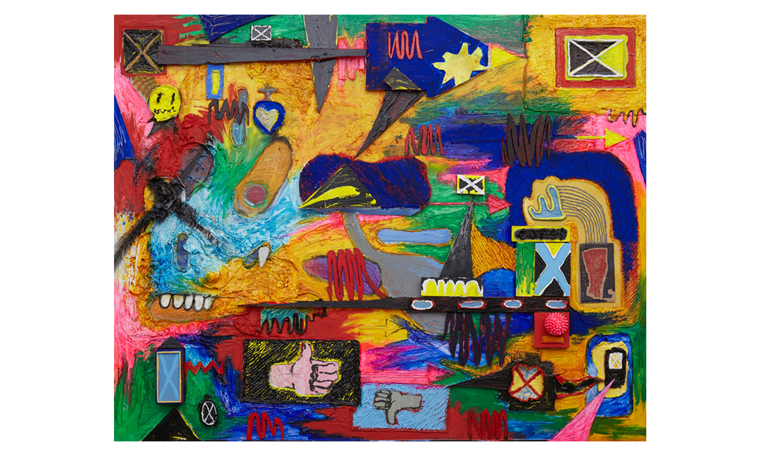 Oops (My Mistake) 2016 Oil, Acrylic, Caulk, Enamel, Stone, Wood, Plastic, Clay, on Canvas mounted on Board 48h x 60w in