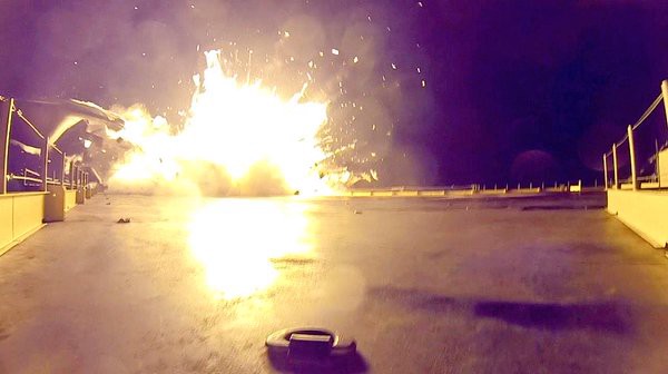 Falcon 9 from CRS-6 is destroyed on landing. Photo courtesy of @elonmusk.