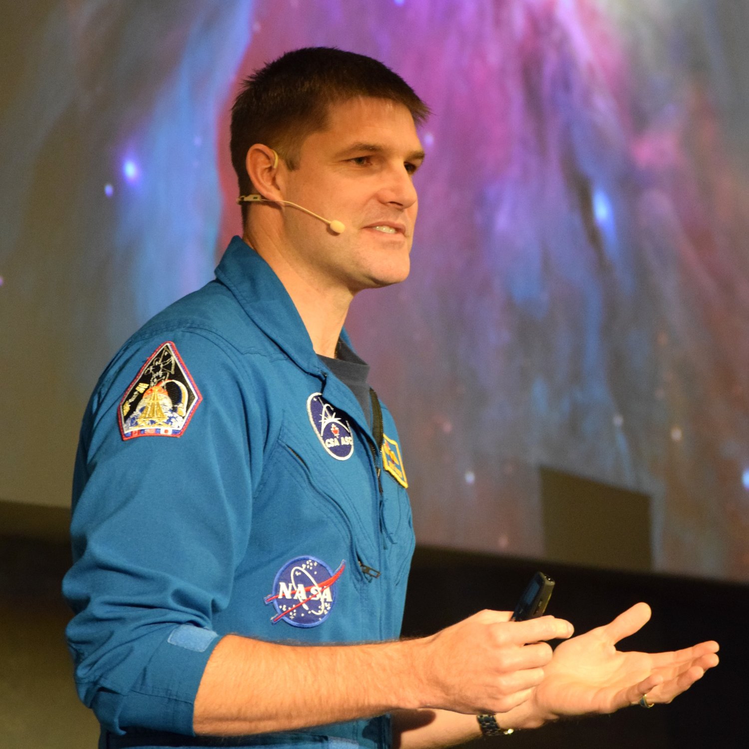 CSA astronaut Jeremy Hansen presenting at the Kitchener-Waterloo 2017 NASA Space Apps challenge hosted by SkyWatch.