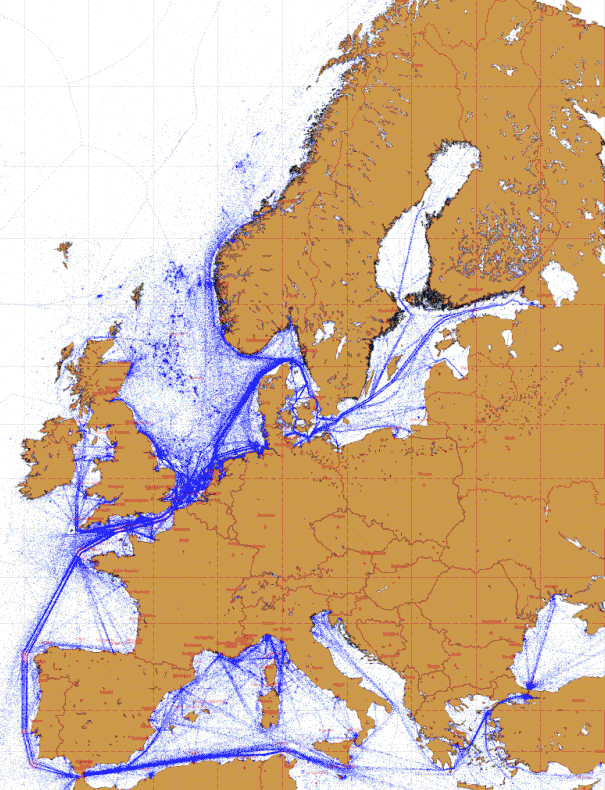 NO2 map placed on top of the shipping route map - Copyright: CLS - KNMI - ESA