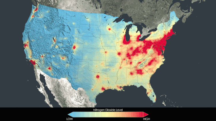 Nitrogen dioxide pollution, averaged yearly from 2005-2011, has decreased across the United States.Image Credit: NASA Goddard's Scientific Visualization Studio/T. Schindler