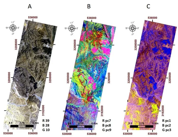 Examples of three different satellite data composites of the same area, highlighting different features. Left image is a true colour composite, center and right images are false colour compositions.