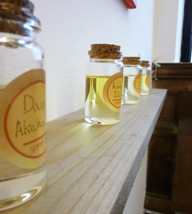 Detail of Perfume as Practice SS18 at Bureau, Blackburn. The names of each artist are presented on each perfume portrait.