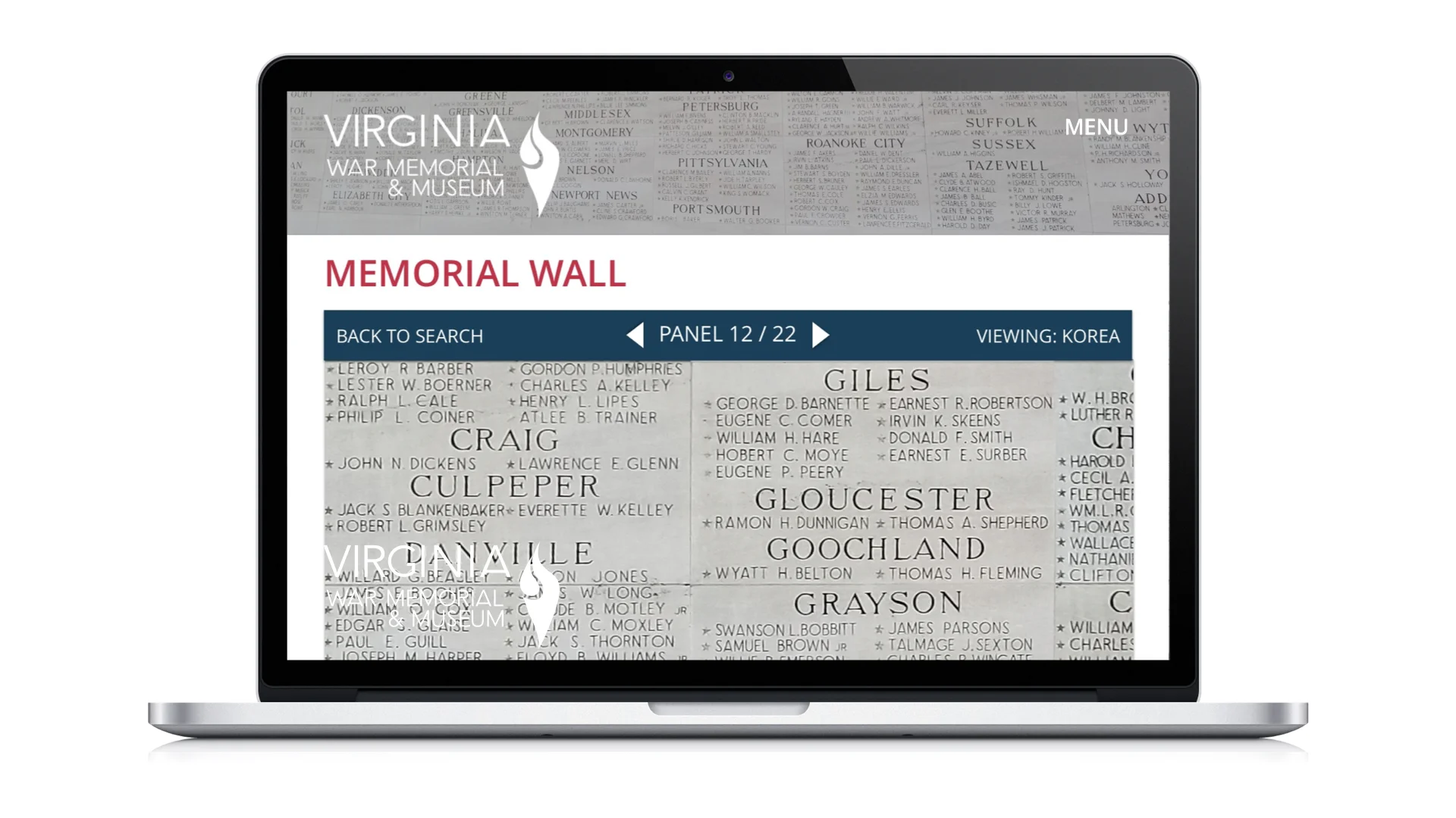 A notional screen displaying the wall of names on the VAWMM’s website