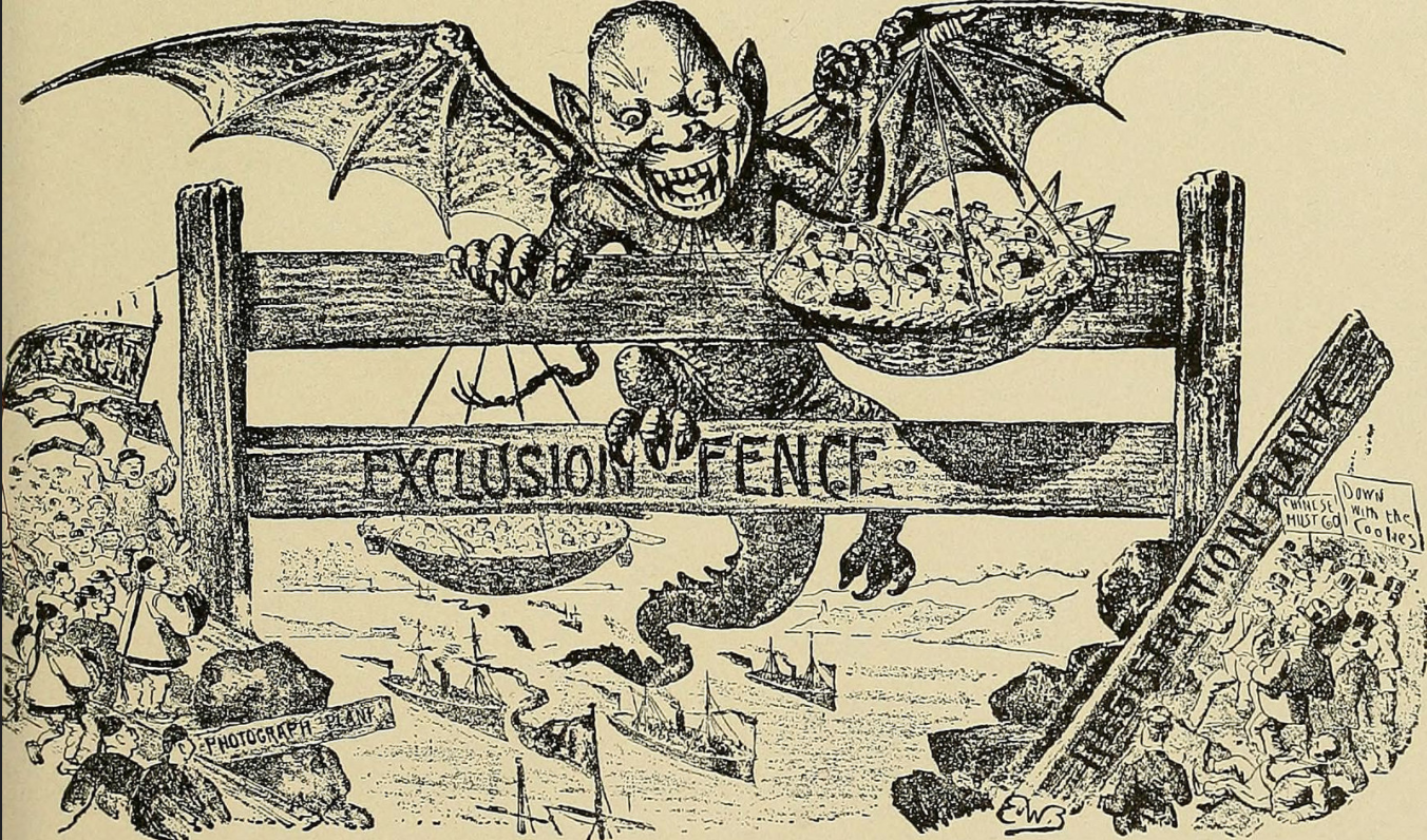 This xenophobic illustration was published in the "The San Francisco Illustrated Wasp" in an effort to dehumanize Chinese immigrants. Image can be found in "The History of the Nineteenth Century in Caricature" via Internet Archive Book Images .