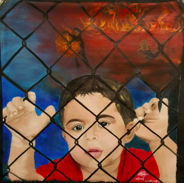 Abbas al-Aboudi, “Child in Detention,” oil on canvas. The Refugee Art Project