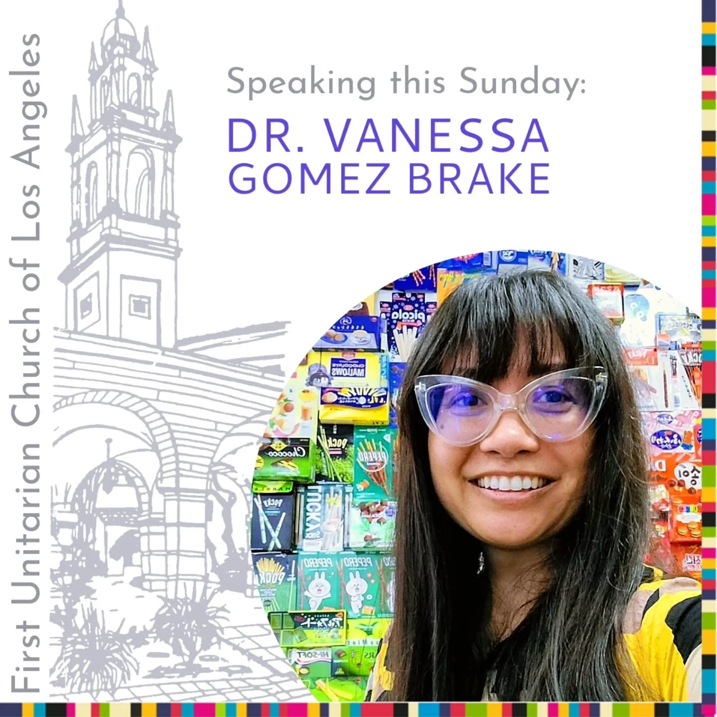 Our speaker this Sunday is Dr. Vanessa Gomez Brake! Her talk is titled "Spirituality at the Intersections."
♡Join us at 11am PT on Sunday♡
About the talk:
Dr. Gomez Brake will explore the evolving religious and spiritual landscape of t