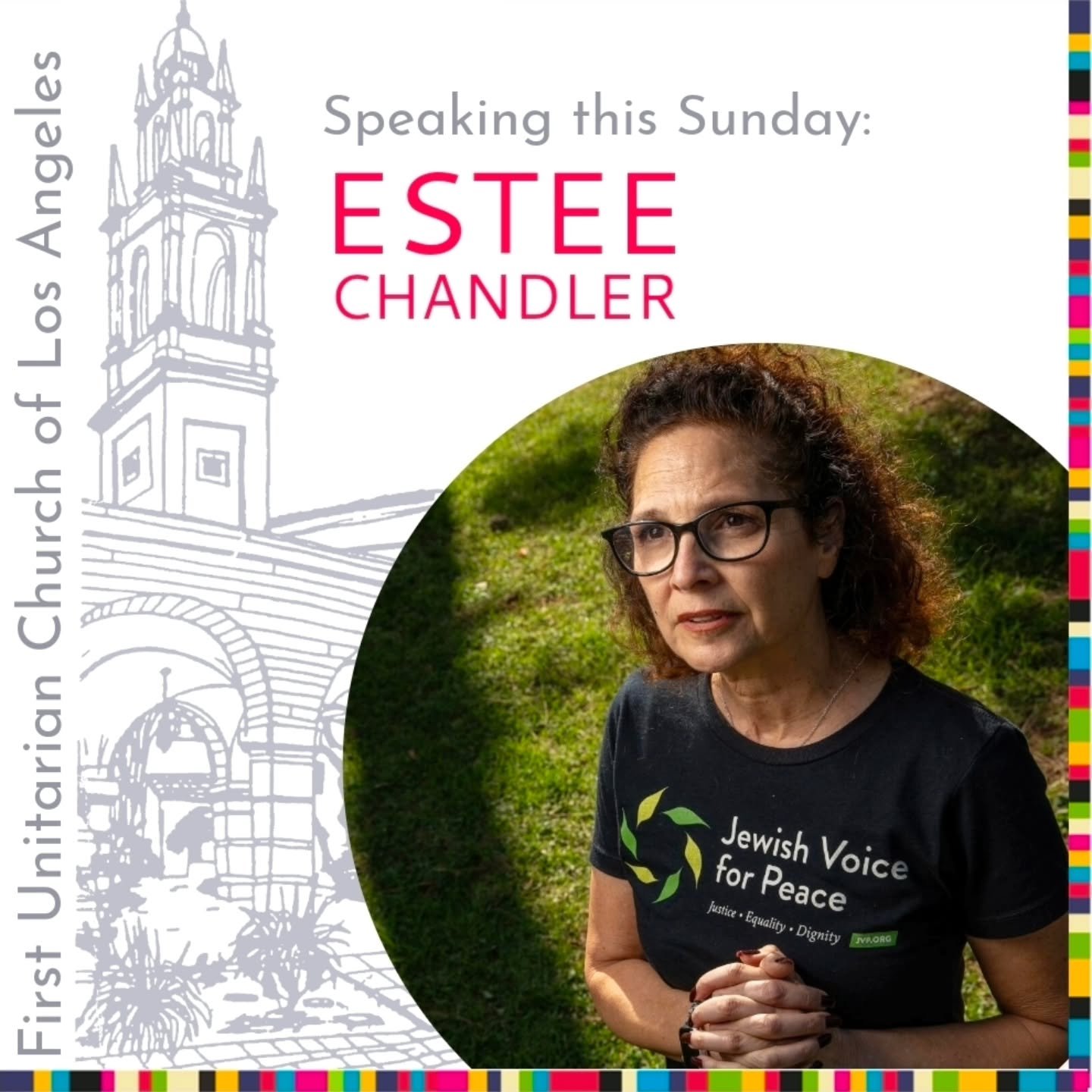 Our speaker this Sunday is Estee Chandler! Her talk is titled "The Stranger, The Oppressed, and BDS." 🩶  Join us at 11am PT! 

About the speaker:
Estee Chandler grew up in Southern California where her work in the film industry, on both si