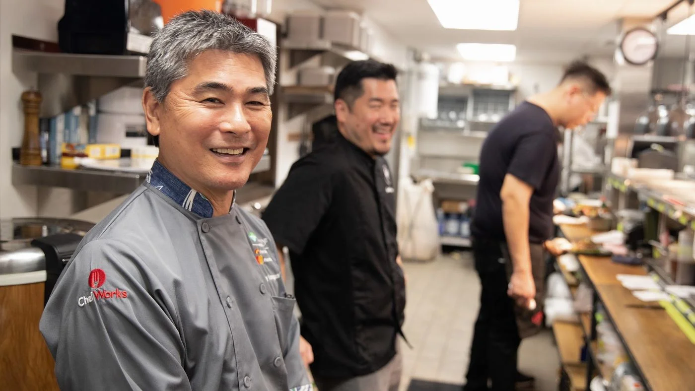 Chef Roy Yamaguchi in the kitchen of his newest restaurant in the Oahu community of Kailua. Goen Dining + Bar welcomed its first guests Nov. 21. (Craig Bixel)