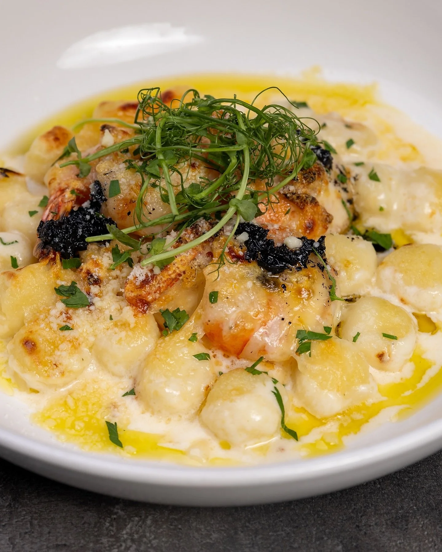 Rich and flavorful, our Truffled Gnocchi with Garlic Shrimp features Onda Pasta Gnocchi. Combined with Fontina Cheese Alfredo and Portabella Mushroom Relish. 😋