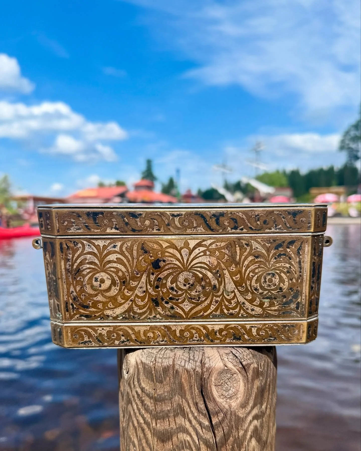 An ornate 19th-century opium box, richly engraved and fitted with three inner compartments &ndash; each with its own lid.
Crafted in brass with fine floral scrollwork, this piece once held the rituals of a vanished world. A rare survivor with presenc