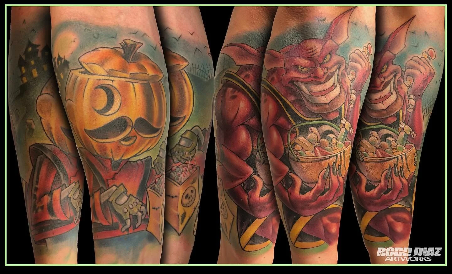 Super fun Halloween half sleeve by Rodd π 
@rodd_diaz 
Link in bio to make an appointment or free consult! Always feel free to stop by the shop or to give us a call as well :)
443-949-0305
www.luckybirdtattoo.com 
#luckybird #luckybirdtattoo #dmv