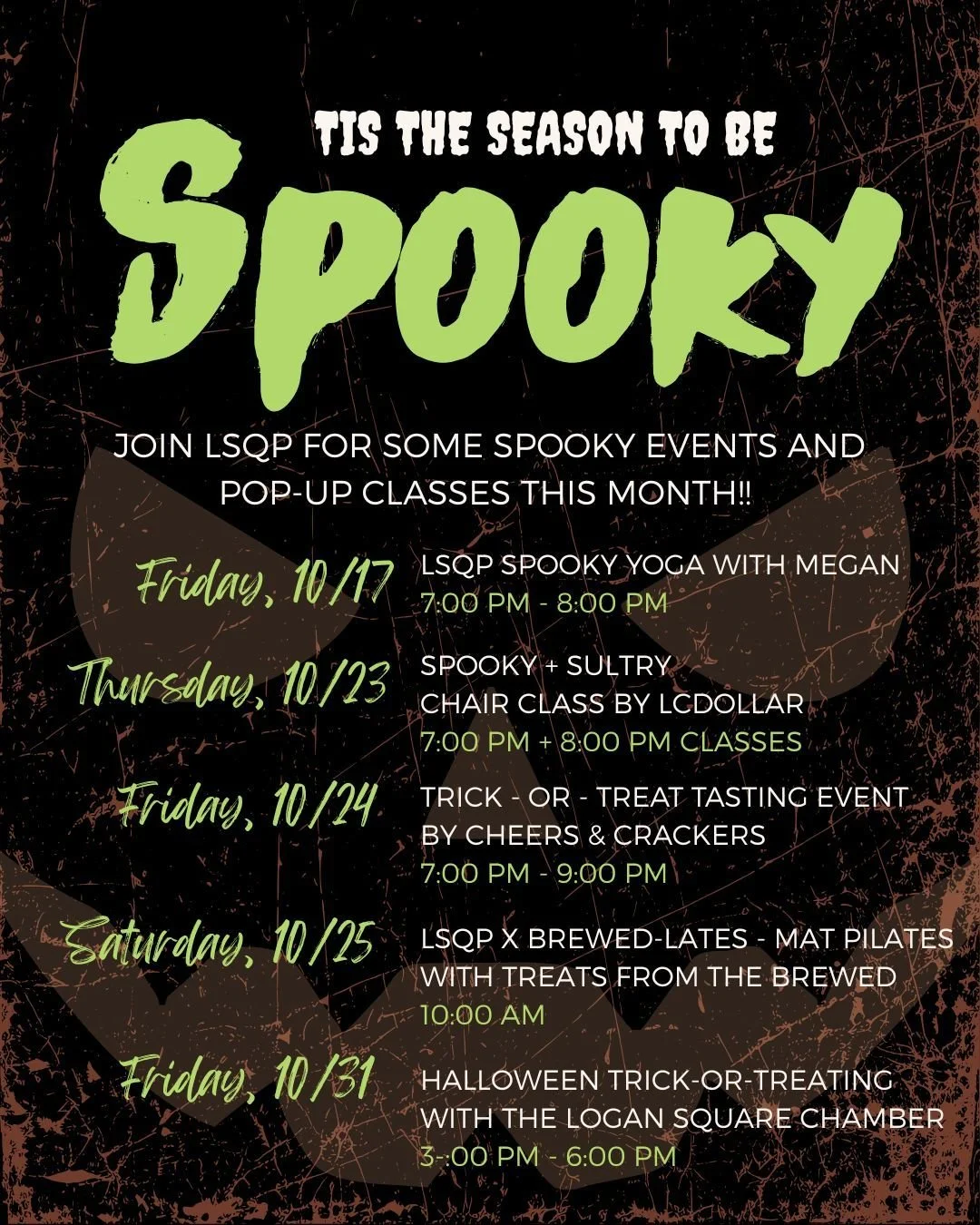 👻🎃🕯️ It's Spooky Season!! 👻🎃🕯️

We're in full spooky swing here at the studio and so excited to be hosting lots of fun events this fall! These are just our spooky studio events and a few pop up events and classes! See below for more details!

-