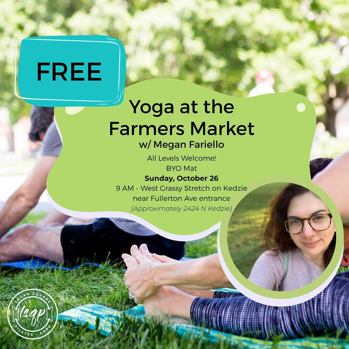 Hi LSQPeeps!
Come join Megan for our final Logan Square Farmers Market class this Sunday at 9AM!
🎟️📣 We will also have a table set up near by for another free raffle! 
Stop by one last time for a FREE class and FREE raffle! 
📍 West side of the