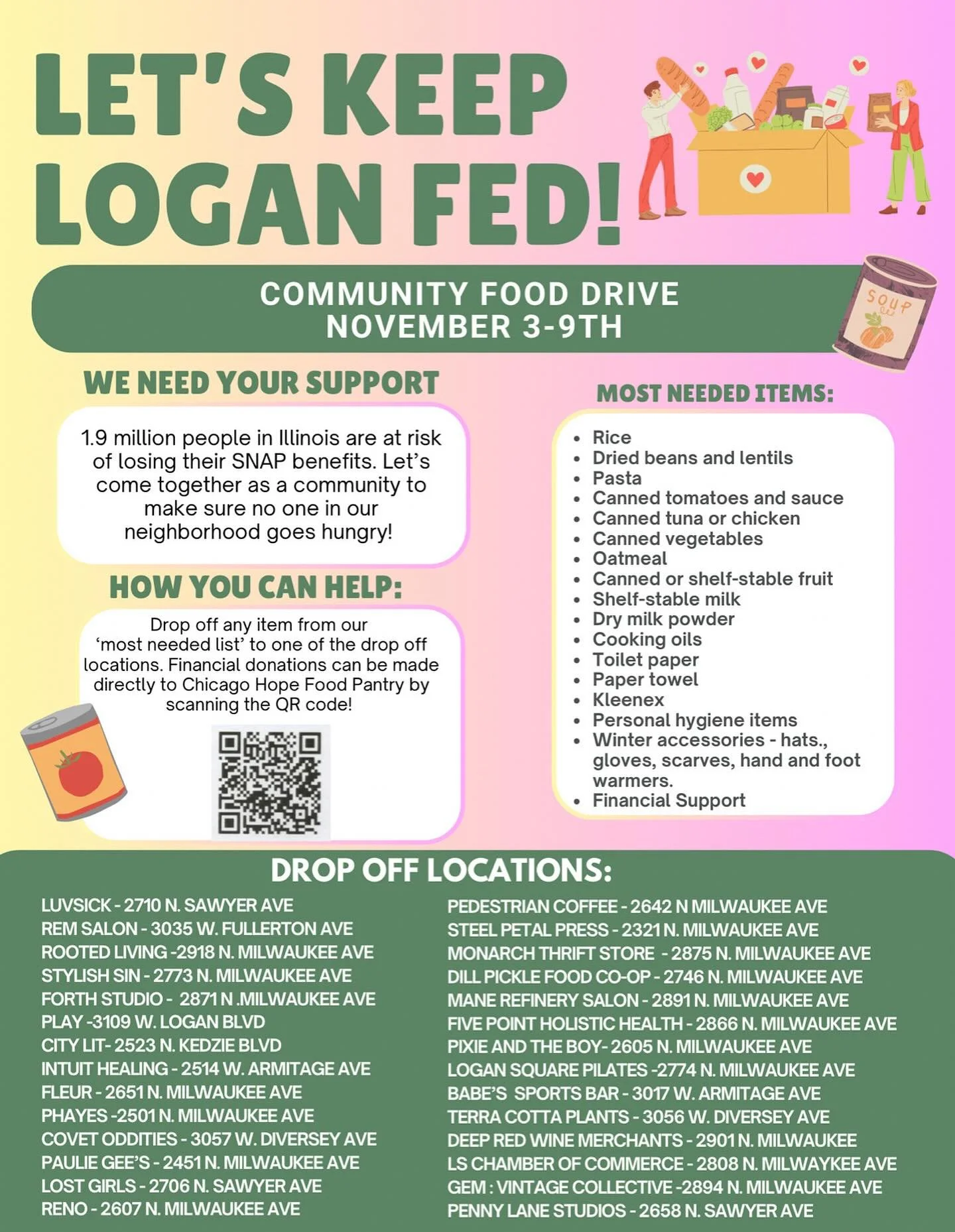 ✨🙌 LET&rsquo;S KEEP LOGAN FED!! 🙌✨

Some amazing and incredible small businesses of Logan Square and Avondale are standing together to help our communities!! A food and item donation drive is happening all across the area to help support our neighb