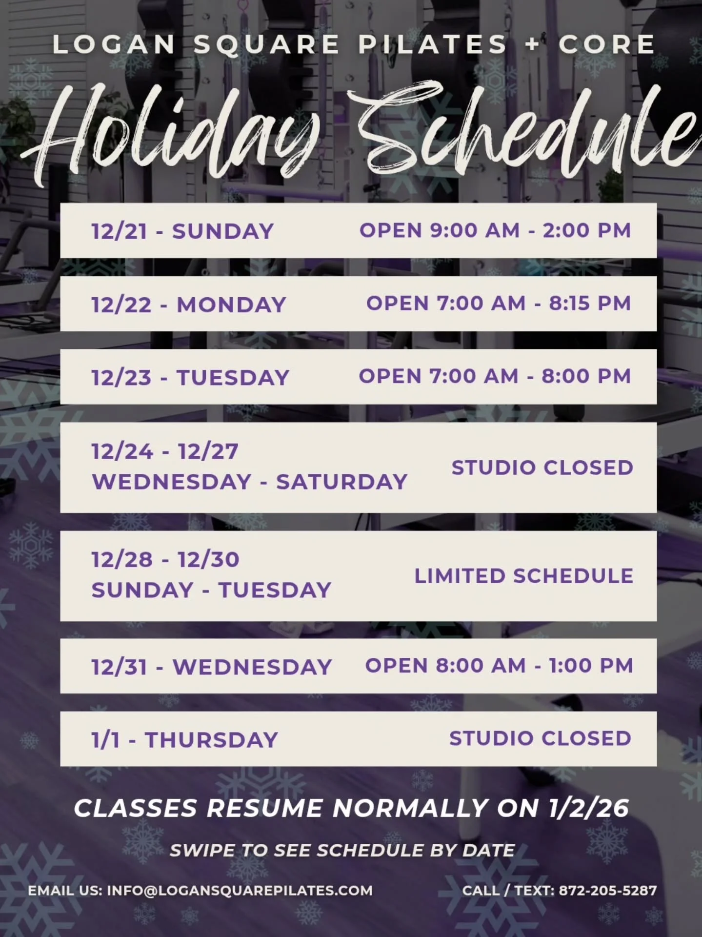 ✨ Happy Holidays from your friends at LSQP!! ✨

🫶 We have a limited schedule starting this Saturday, so keep an eye out for open class spots and join us to wrap up 2025 here at the studio!! Swipe to see all our classes we&rsquo;re offering during ou