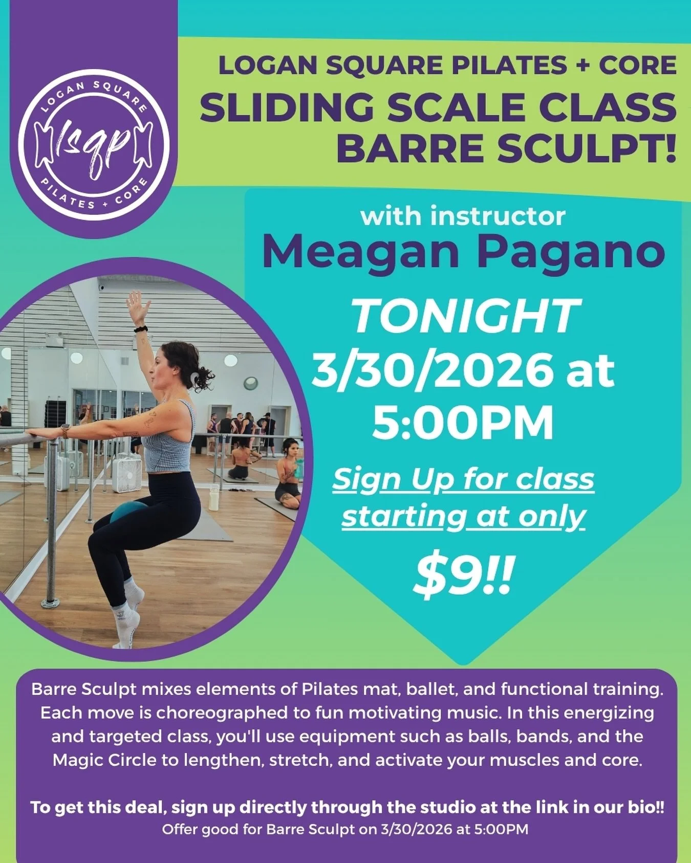 💜 Barre Sculpt Alert!! 💜

✨ Meagan is here and ready to bring you some Barre at a new time on Monday nights at 5:00PM!! To kick it off, we&rsquo;re offering tonight&rsquo;s class (3/30/2026) at a sliding scale rate starting at just $9! 😱😱🙌 

➡️ 