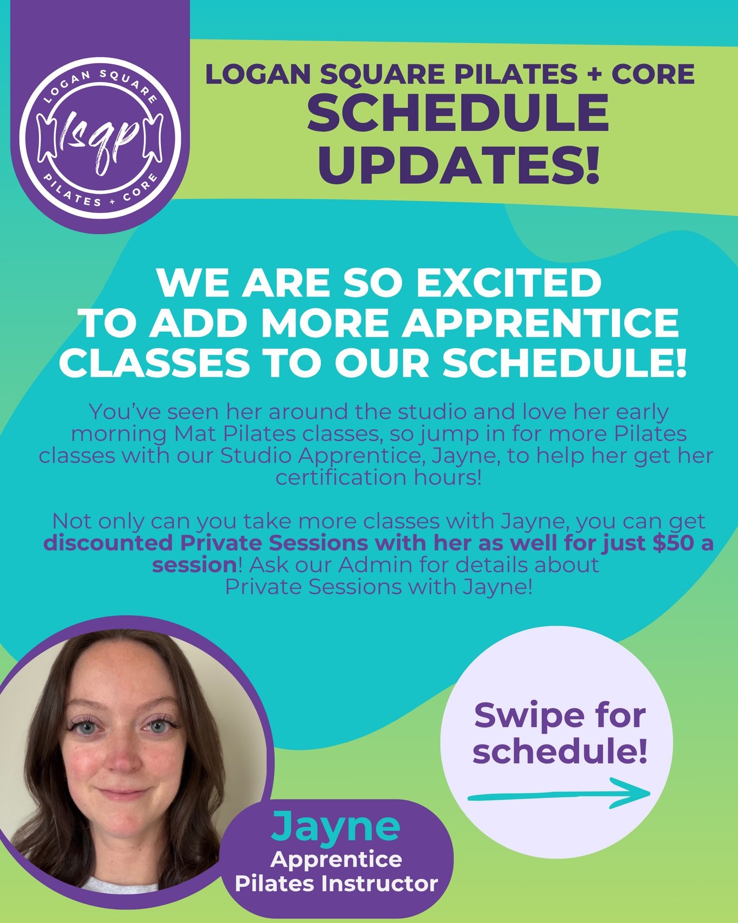 📣 Class Updates!! 📣

✨ Let&rsquo;s go Jayne!! You&rsquo;ve seen her around and love her early morning Mat Pilates classes, so jump in for even more Pilates with our amazing Studio Apprentice! Let&rsquo;s help pack her classes and get Jayne her teac