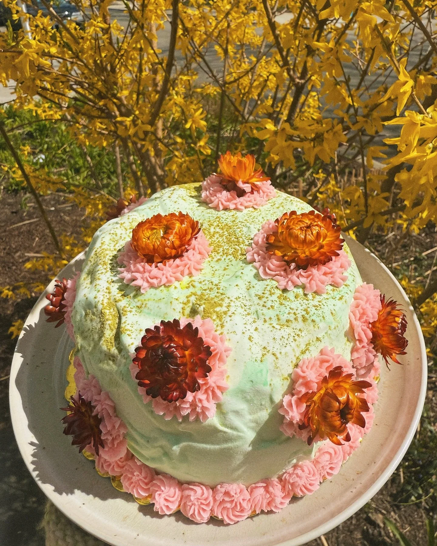 spring spring spring 🐰🌷🌞🌸 Matcha ice cream cake with crushed Oreo filling and vanilla frosting🍵