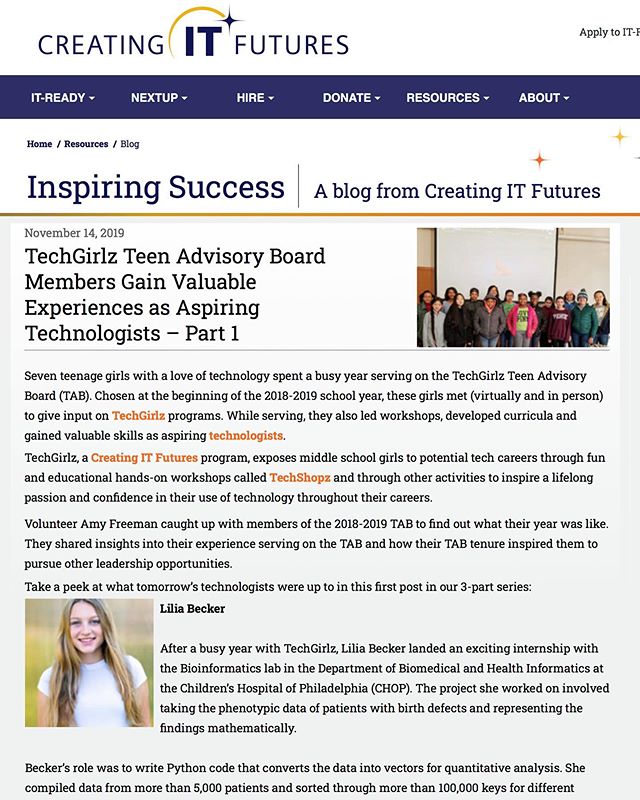 Thrilled to be Profiled Along with TechGirlz in CreatingITFutures.org!