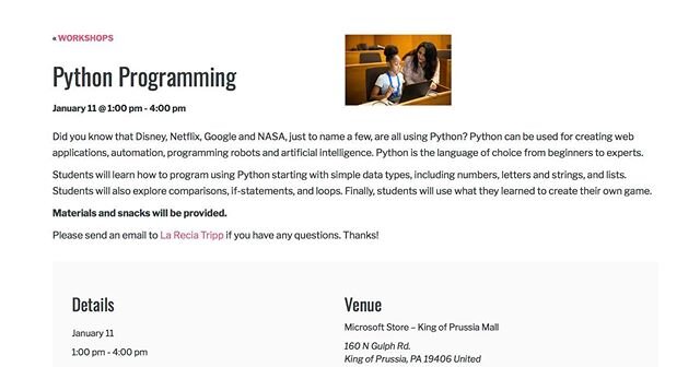 Looking forward to teaching Python next Saturday 1/11/20 at the Microsoft store in King of Prussia. Sign up for the class at Techgirlz.com