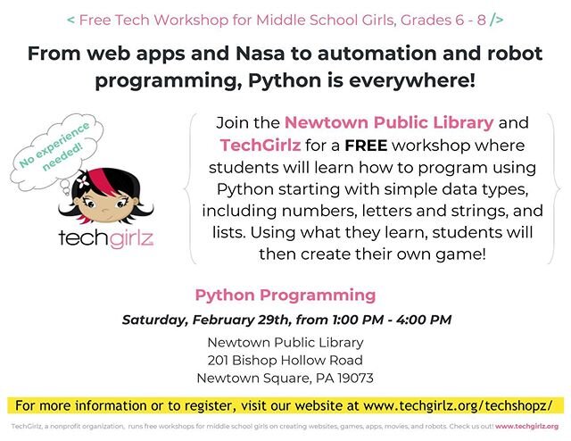 Calling all middle school girls! I will be teaching this Python class so please sign up! I promise it will be fun!