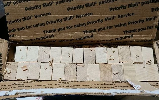 1 of 5 boxes of handle blanks from @thraneaxeandsawmillco.  These blanks come cut, dried and planed just proud allowing me to sculpt with little waste.  The highest quality blanks and easily the best price for a wide selection of wood have found.