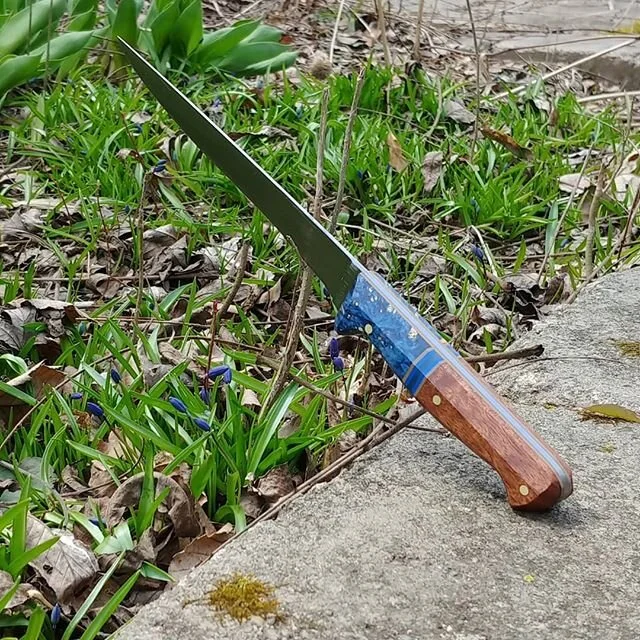 Gift for a friend.  Fillet knife.  1084 Blade is 7&quot;, 12.5&quot; overall.  Double dyed box elder burl, tan, black, blue g10 and stabilized sapele pomelle scales constructed by @ctj_blades