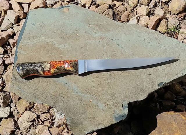 Second knife, second fillet knife, second gift.  12.5&quot; overall with a 7&quot; blade made from 15n20.  Great backbone and flexible in this blade.  I think I did a good job.  There were a few unrecoverable mistakes, like when the blade gets sucked