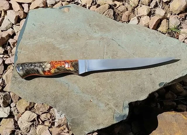 Second knife, second fillet knife, second gift.  12.5&quot; overall with a 7&quot; blade made from 15n20.  Great backbone and flexible in this blade.  I think I did a good job.  There were a few unrecoverable mistakes, like when the blade gets sucked
