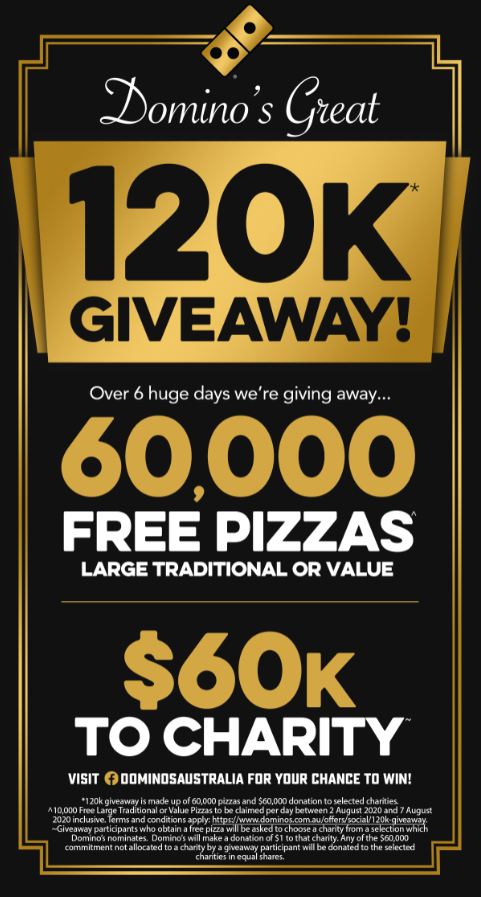 Domino's 120K giveaway - 60K free pizzas + 60K to charity!
