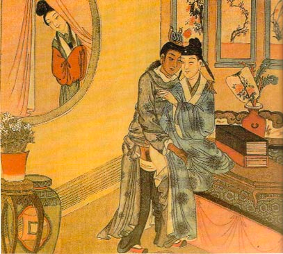 Woman peeping on male lovers, just like the wife of Shan Tao in the "Seven Sages of the Bamboo Grove" story. 