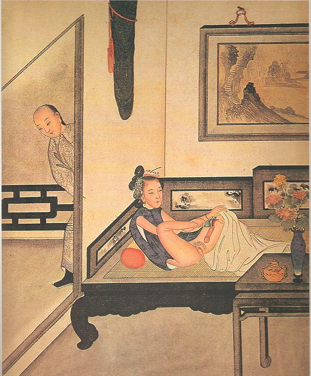 Man peeping on a woman masturbating with a dildo tied to her foot. Woman's gotta do what she's gotta do to get pleasure!