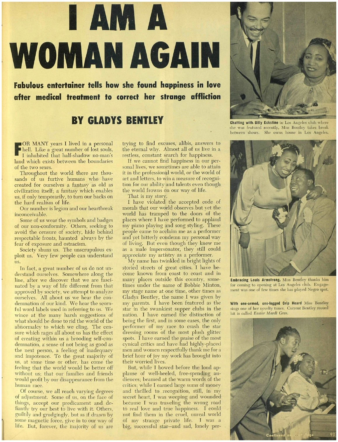 photgraph of the infamous Ebony article from 1952 where Bentley claimed to have turned straight due to hormone treatments. this and the rest of the article can be read here .