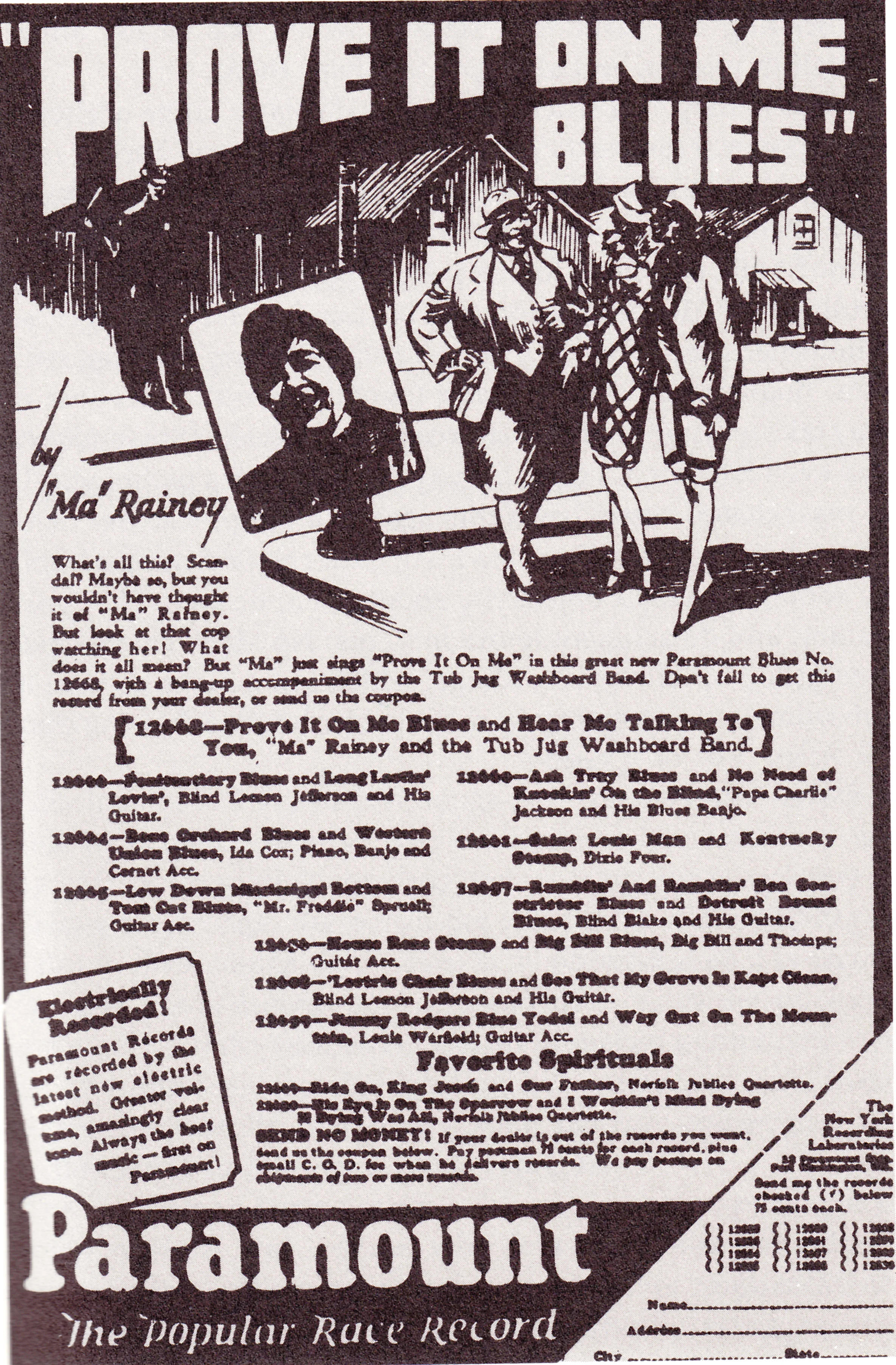 The infamous "Prove it on me BLues" ad featuring Ma Rainey flirting while a cop looks on, suspicious. ( source )